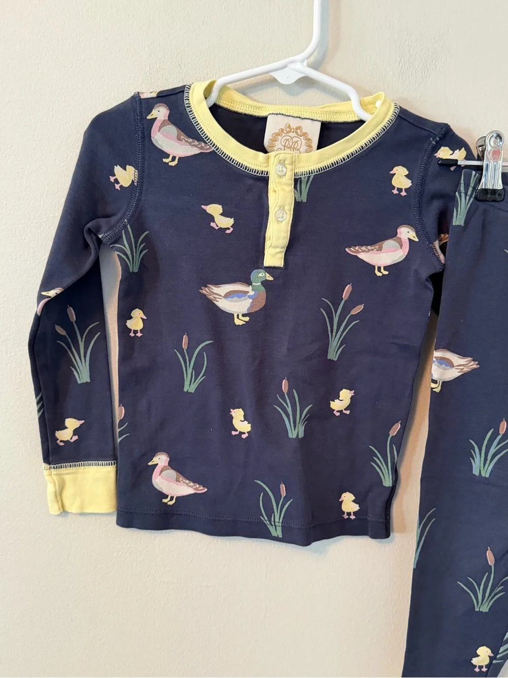 The Beaufort Bonnet Company Navy Duck Print Pajama Set with Yellow Trim